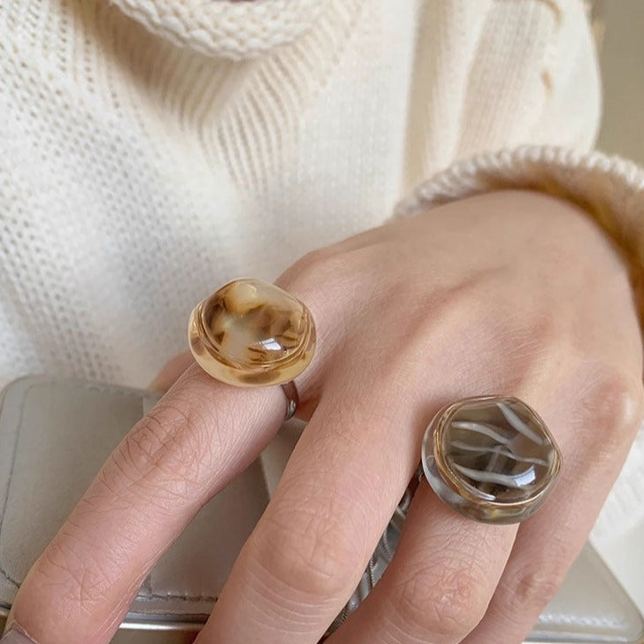 Leopard Print Shell Resin Ring, Adjustable Titanium Steel Ring, Trendy & Versatile Accessory