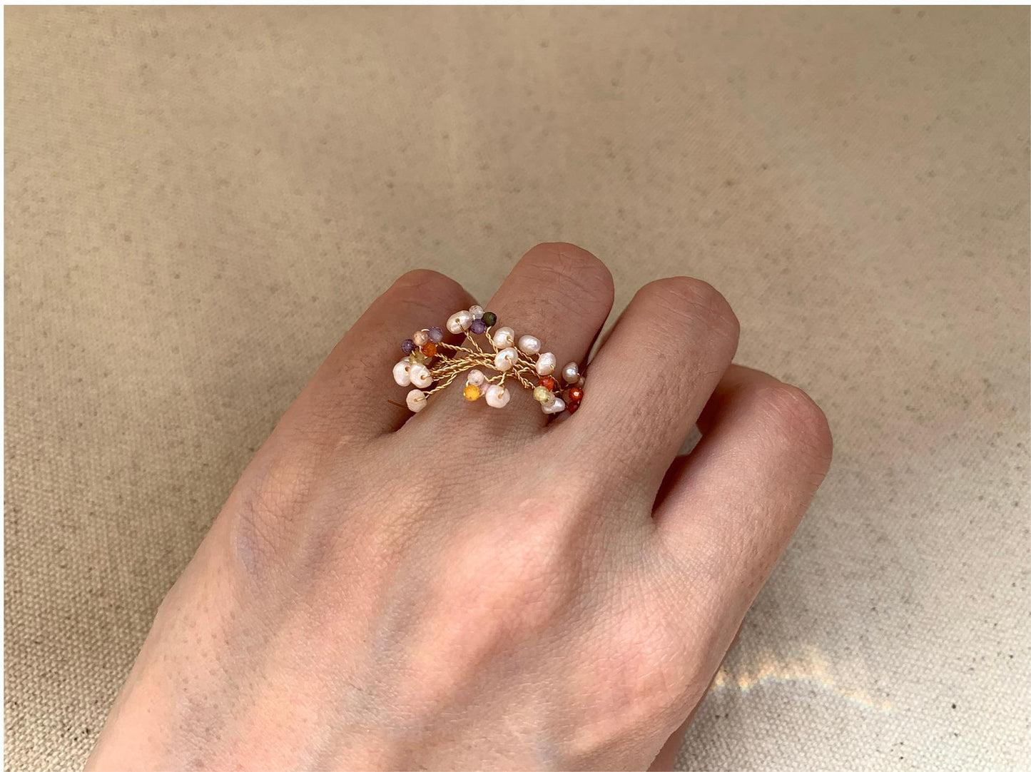 Freshwater Pearl Beaded Ring, Colorful Threaded Design, Girl's Accessory, Adjustable 50-62mm