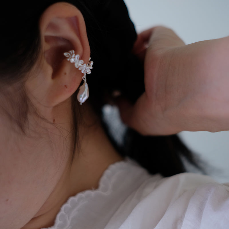 Osmanthus Series Natural Pearl Ear Clips, 990 Silver, Unique Pearl Accents