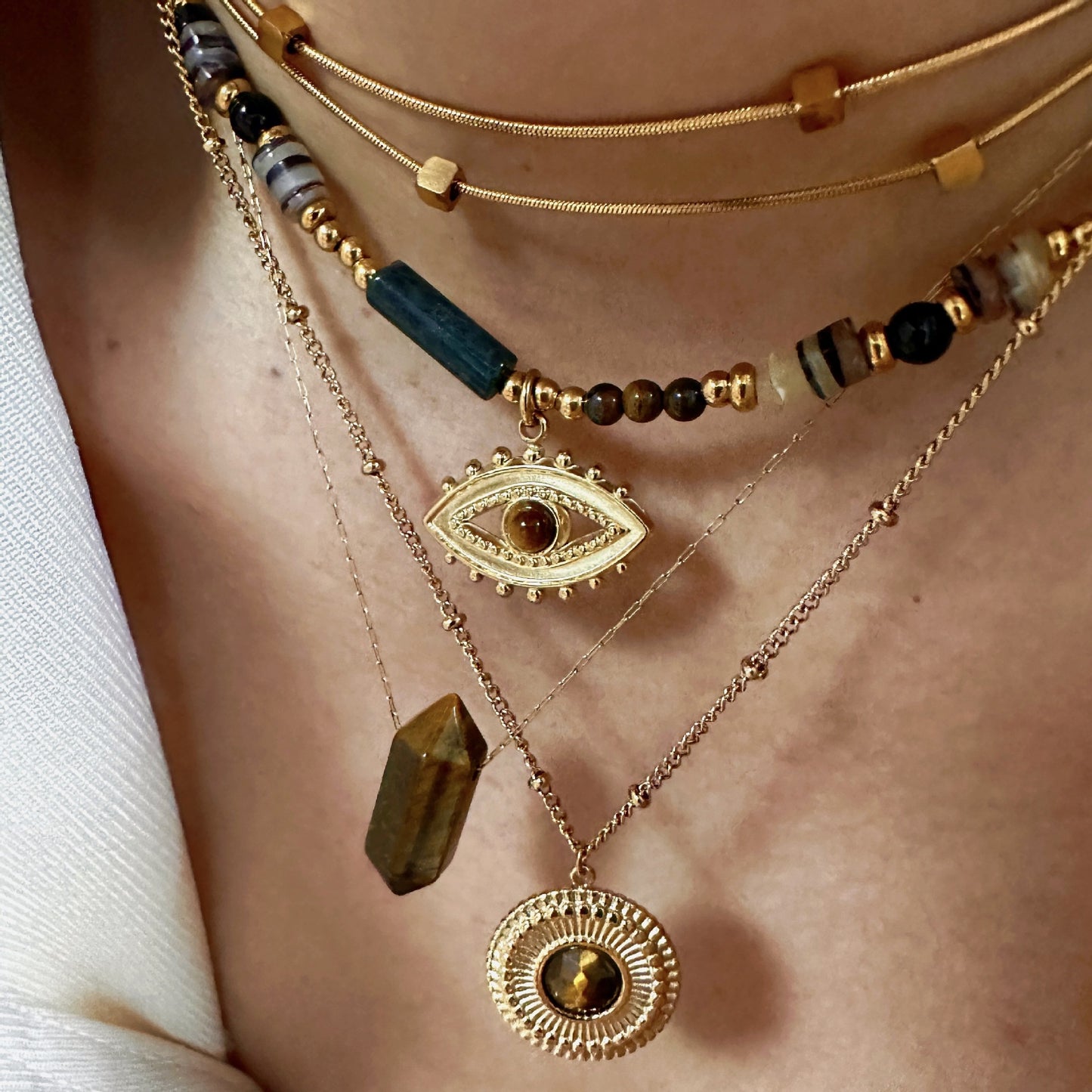 Tiger's Eye Pendant Stainless Steel Necklace, Vacuum Plated 14K Gold, Adjustable 16-19.7 Inch Length