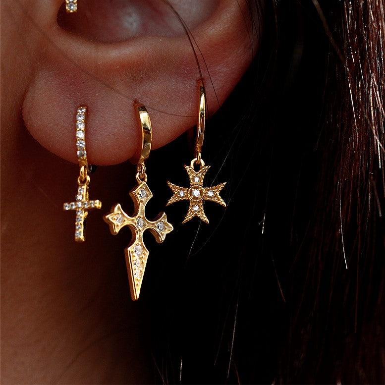 Cross Earrings with Pave Crystals, 925 Silver, Delicate Post, Ear Cuff Hoops