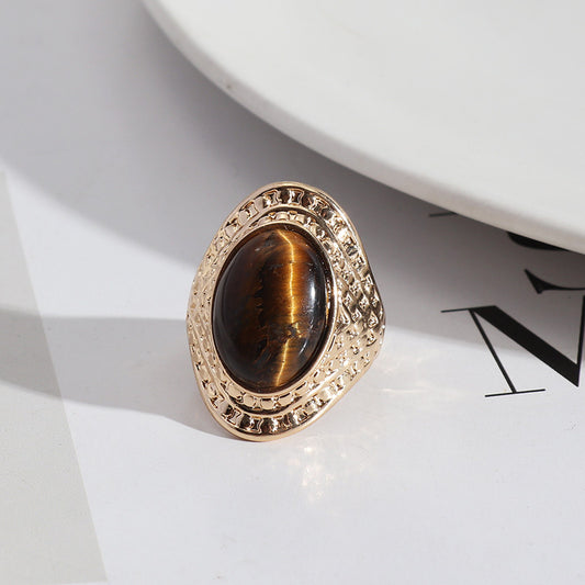 Vintage Palace-Inspired Tiger's Eye Ring, Exaggerated Fashion, Oval Stone One Size