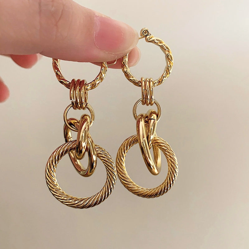 French Style Metal Thread Earrings, Minimalist Circle Pendant, Hypoallergenic Gold-Plated