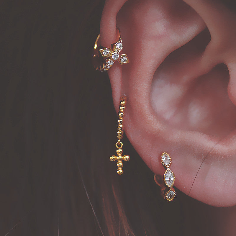 French Style Cross Earrings, Crystal Cross Ear Cuff, Silver & Man-Made Crystal, Hypoallergenic