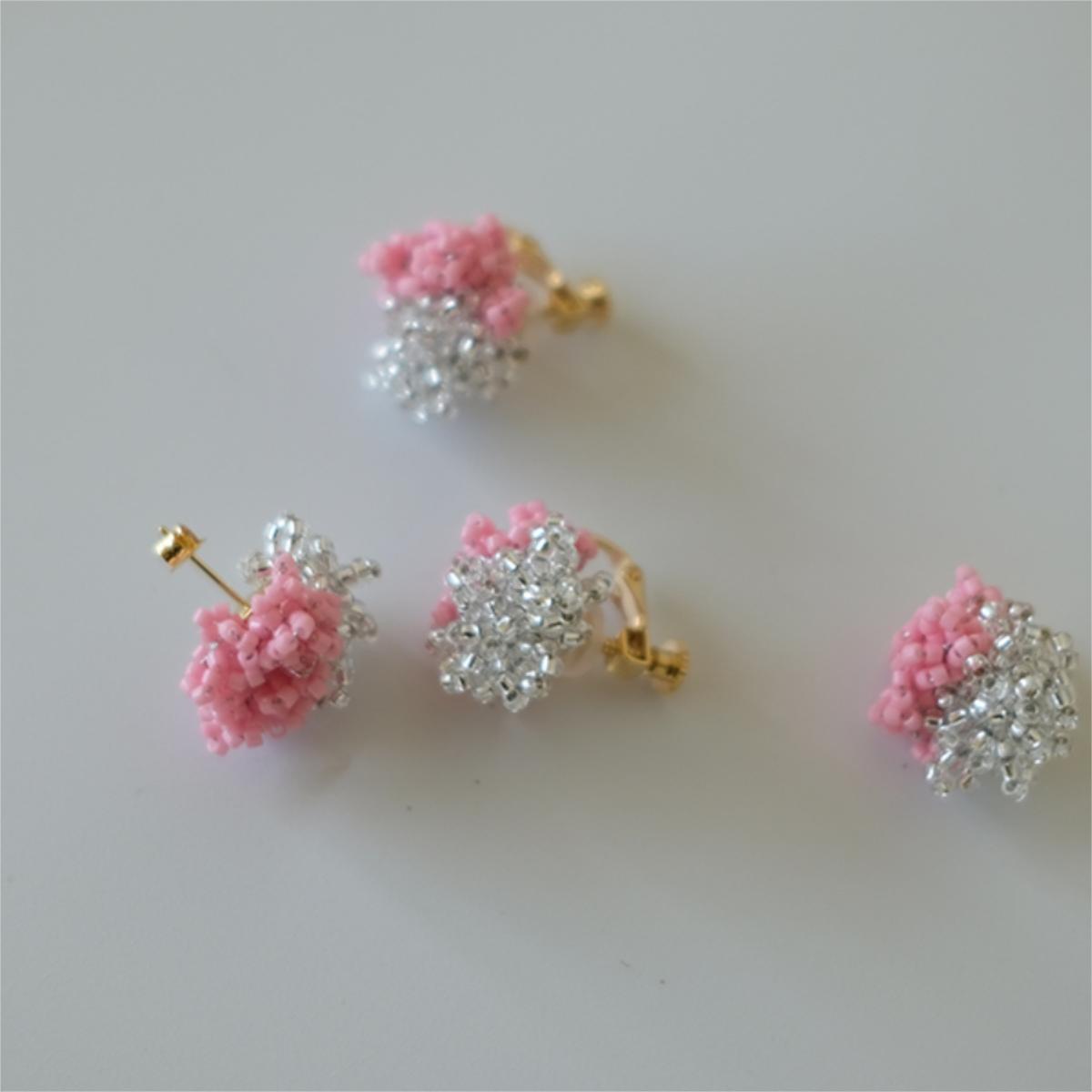 Pink and Silver Two-Tone Earrings, Beaded Crochet Studs and Clips