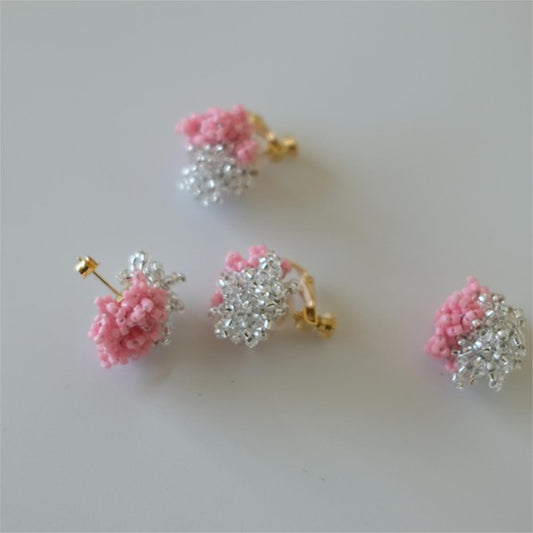 Pink and Silver Two-Tone Earrings, Beaded Crochet Studs and Clips