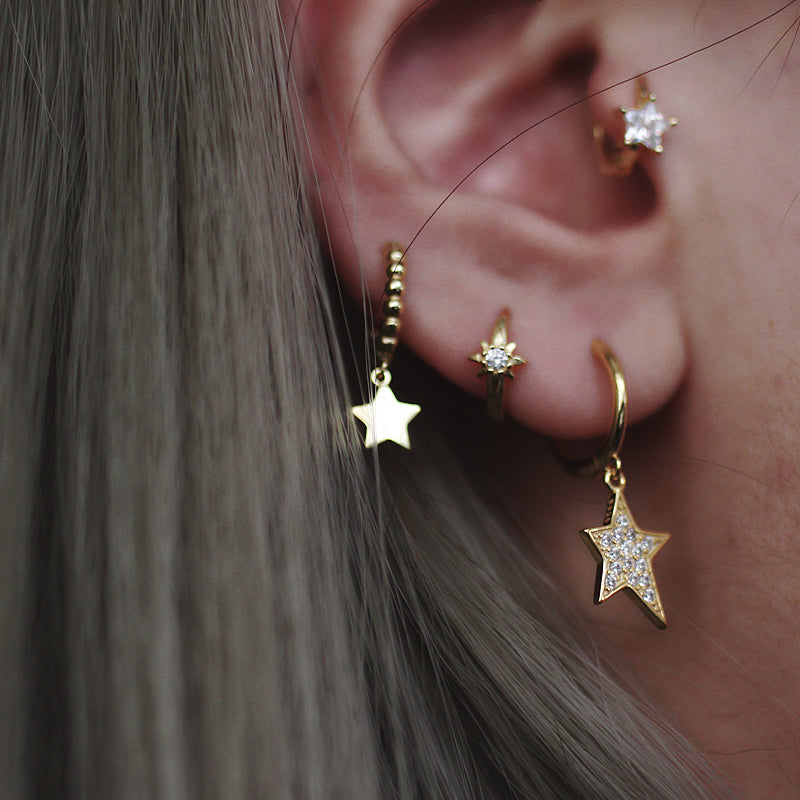 Luxurious Star Stud Earrings, Full Diamond Paved, Ear Cuff, 925 Sterling Silver, Single Piece