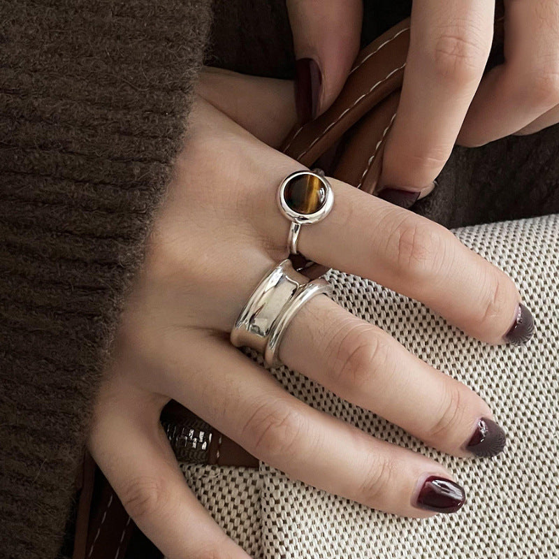 Exclusive Tiger's Eye Cat's Eye Ring, Women's Stylish & Retro Wide Band, Adjustable Cool Open Finger Ring