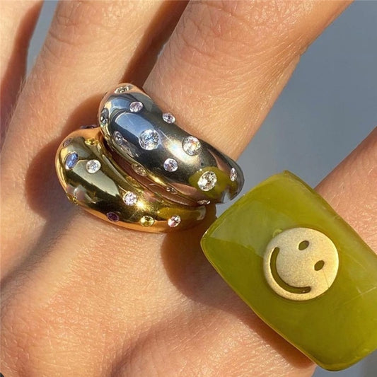 Gold-Plated Brass Open Ring, Crystal Pave, Circular Arc Design, Adjustable One Size