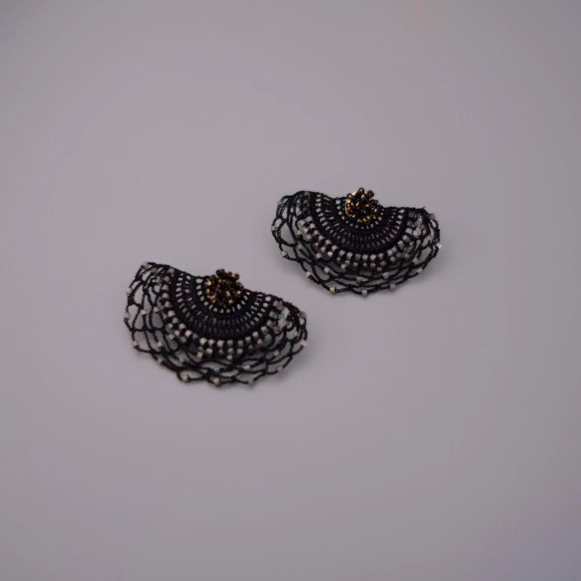 Original Design Hand-Crochet Earrings, Black Lace Ear Studs and Clips