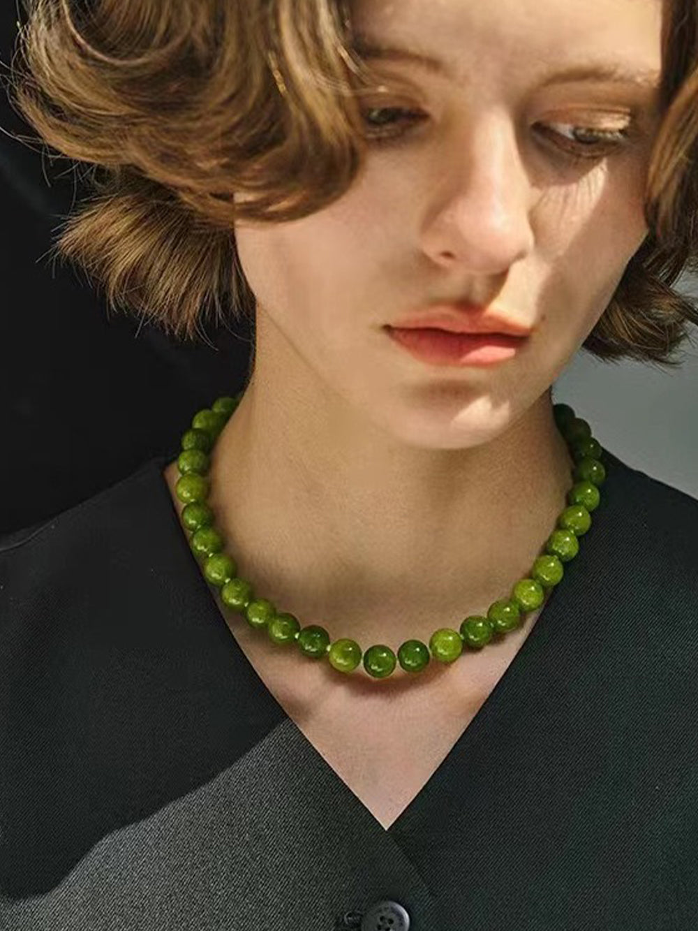 Natural Green Agate Bead Necklace, 18K Gold-Plated Copper, Adjustable 43+8cm Length