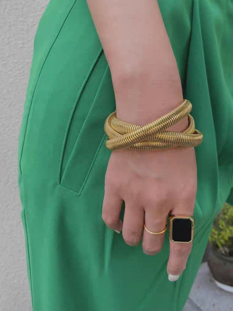 Triple Loop Elastic Bracelet, Vintage Style, Exaggerated Textured Cuff, Titanium Steel Stackable Bangle