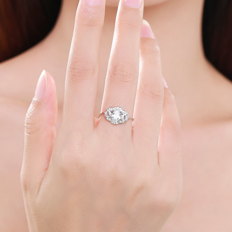 Sterling Silver Ring with Chain Design, Zirconia Inlay, Adjustable Size, Different Choice with Crystals for Women and Girls