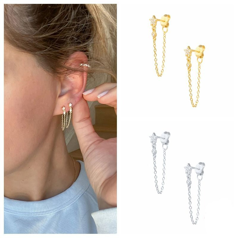 925 Sterling Silver Tassel Stud Earrings, Women's Rear Wearing, Platinum18k Gold Plated