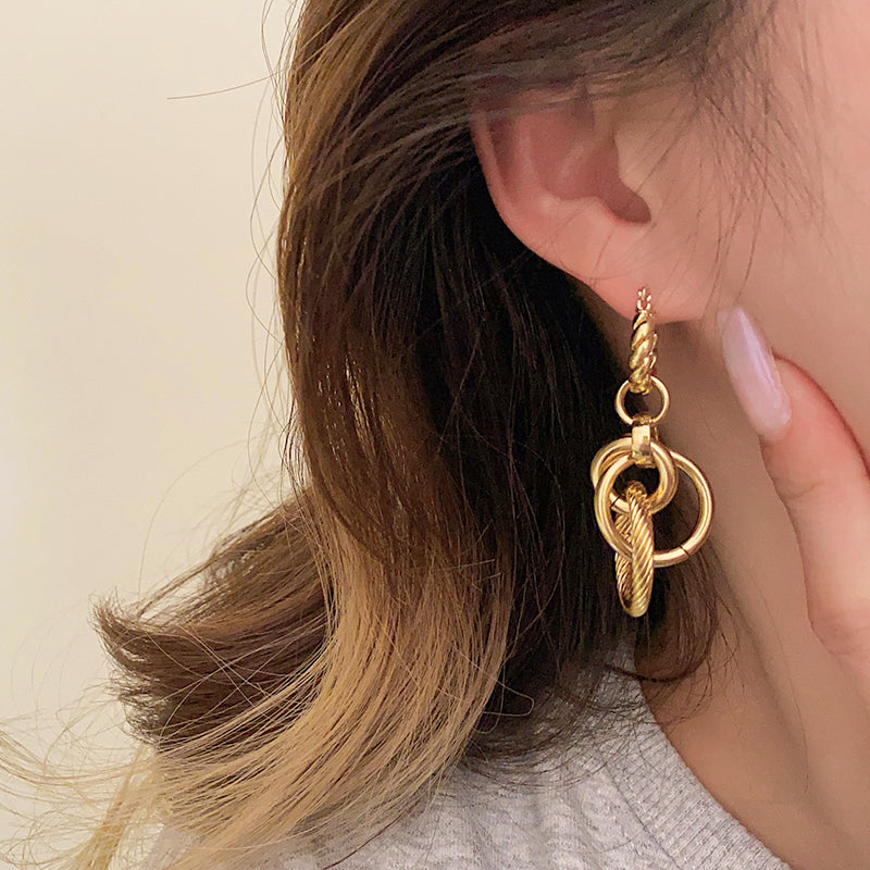 French Style Metal Thread Earrings, Minimalist Circle Pendant, Hypoallergenic Gold-Plated