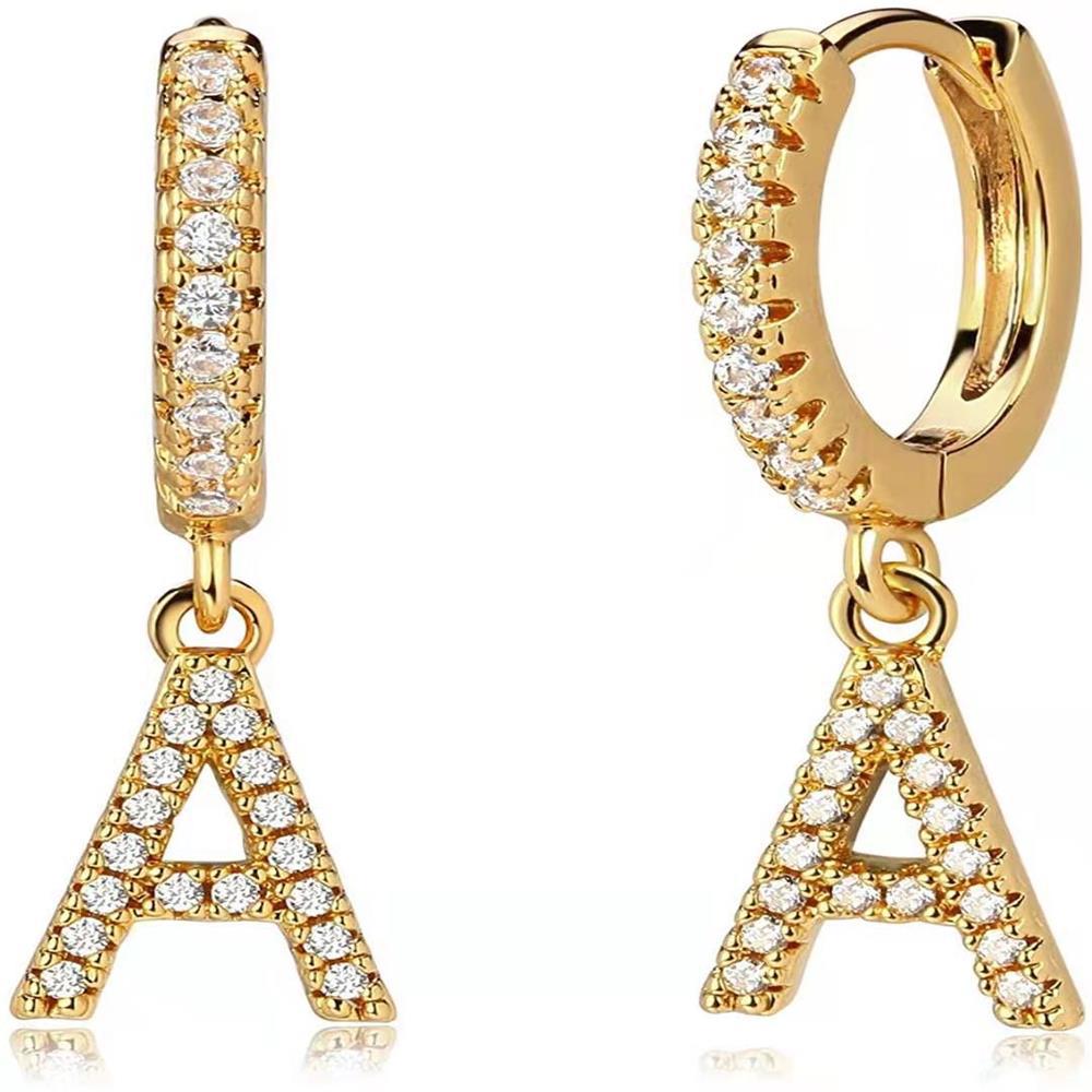 26-Letter Alphabet Stud Earrings, Micro Pave Zirconia, Genuine Gold-Plated Jewelry