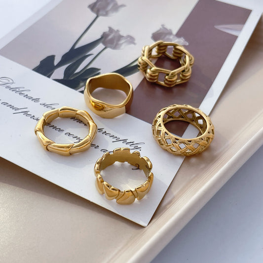 Bamboo Weave Openwork Ring, Wave Design, Titanium Steel, 18K Gold-Plated