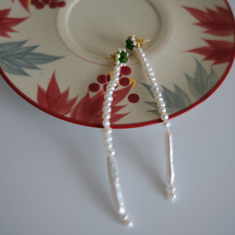 Long Chinese-Style Earrings, Pearl and Apatite Clips