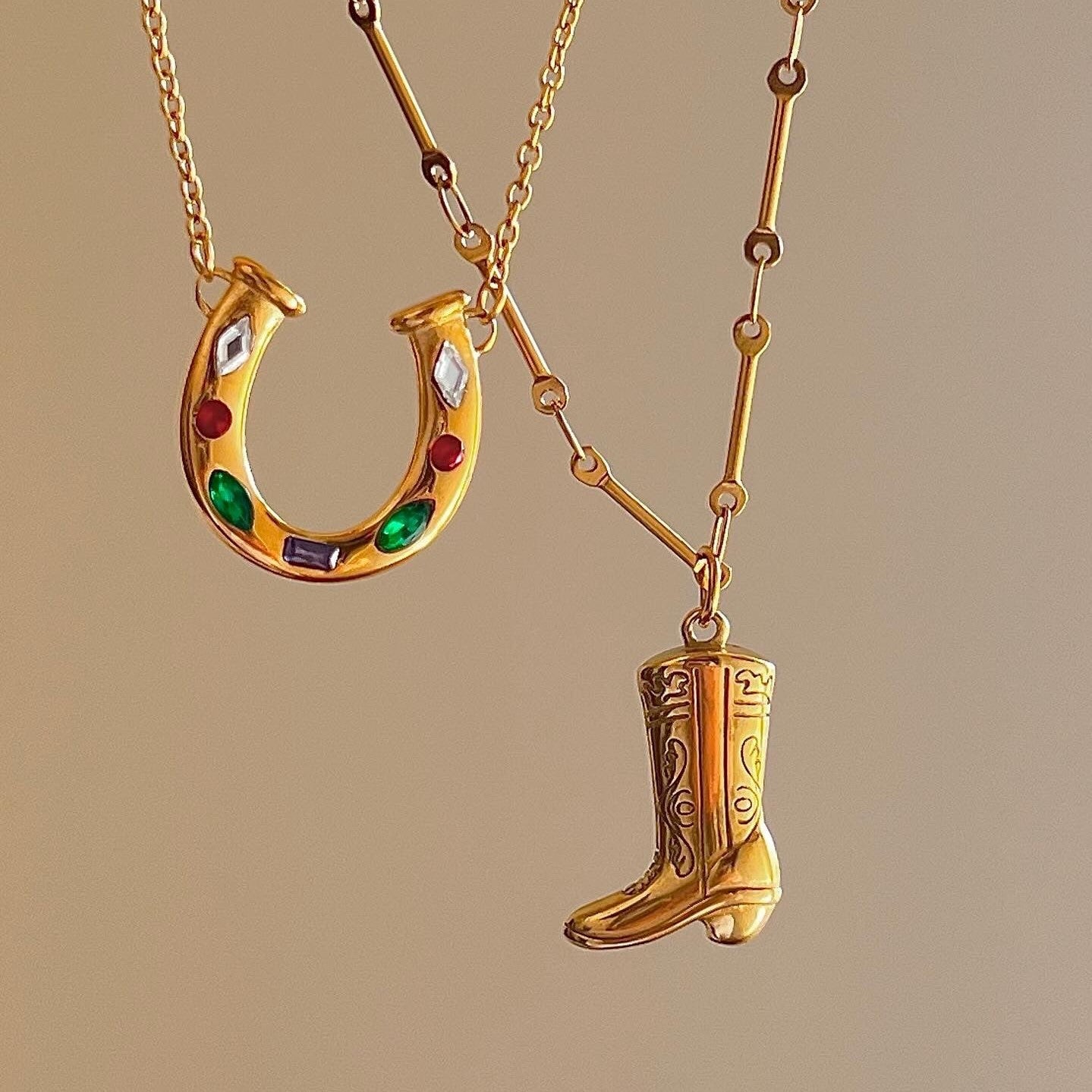 Western Cowboy Boots and Horseshoe Pendant Necklace