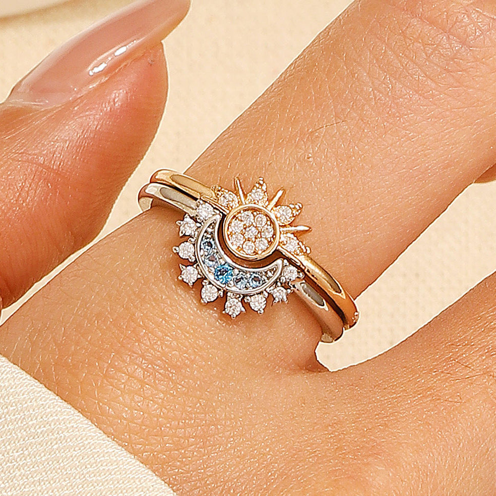Sun & Moon Harmony Ring Set, Stackable Solar and Lunar Bands, Adjustable Starry Sky Rings