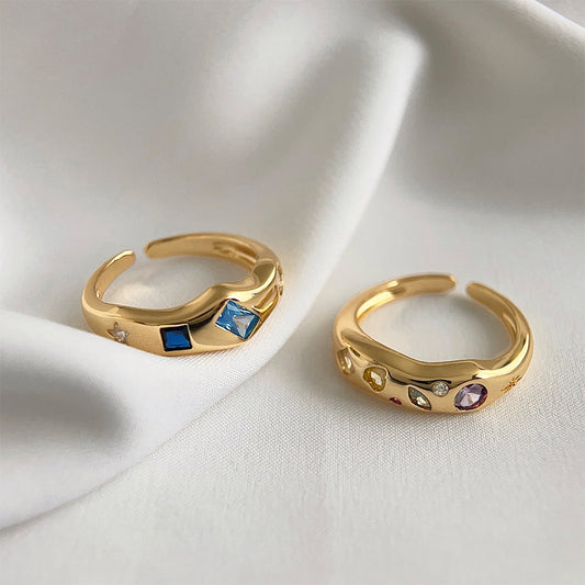 Pave Zircon Ring in 18K Gold Plating, Colorful Edition, Adjustable Open Design