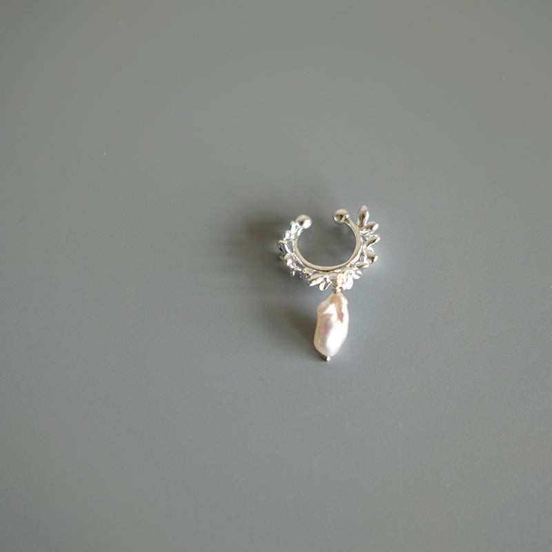 Osmanthus Series Natural Pearl Ear Clips, 990 Silver, Unique Pearl Accents