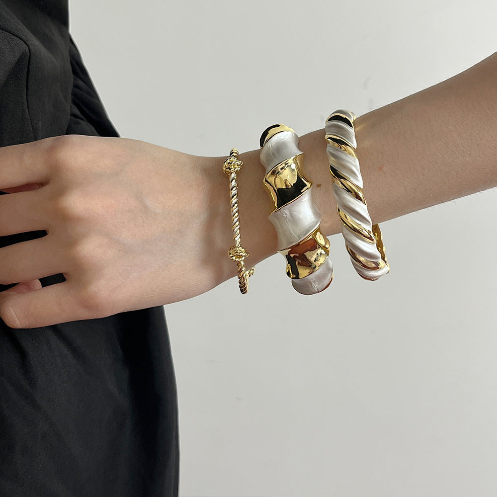 Gold and White Enamel Floral Open Bangle Bracelet