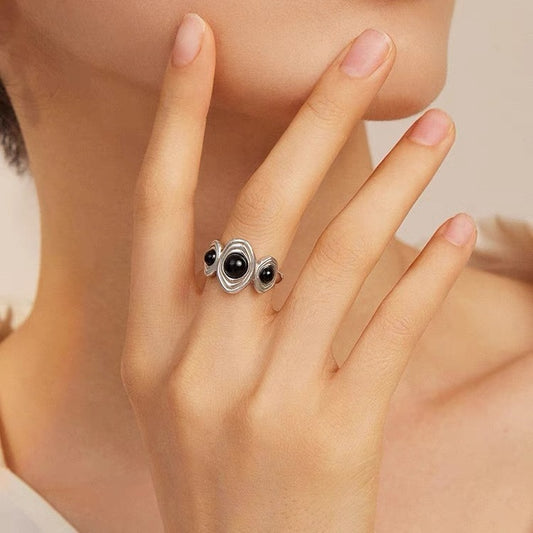 Vintage Open Ring, Black Obsidian Inlay, Women's Versatile Band