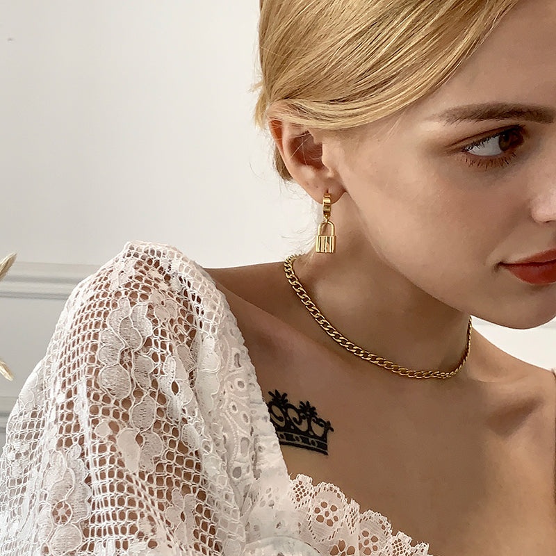 Fashionable Lock Metal Earrings, Eco-Friendly Brass with Genuine Gold Plating, Minimalist Style