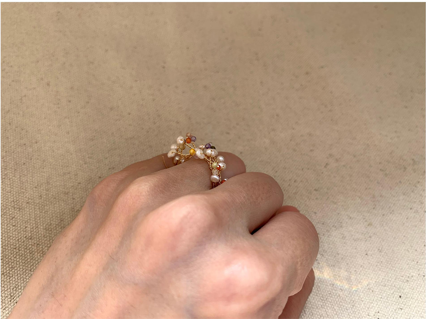 Freshwater Pearl Beaded Ring, Colorful Threaded Design, Girl's Accessory, Adjustable 50-62mm