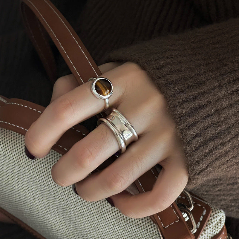 Exclusive Tiger's Eye Cat's Eye Ring, Women's Stylish & Retro Wide Band, Adjustable Cool Open Finger Ring