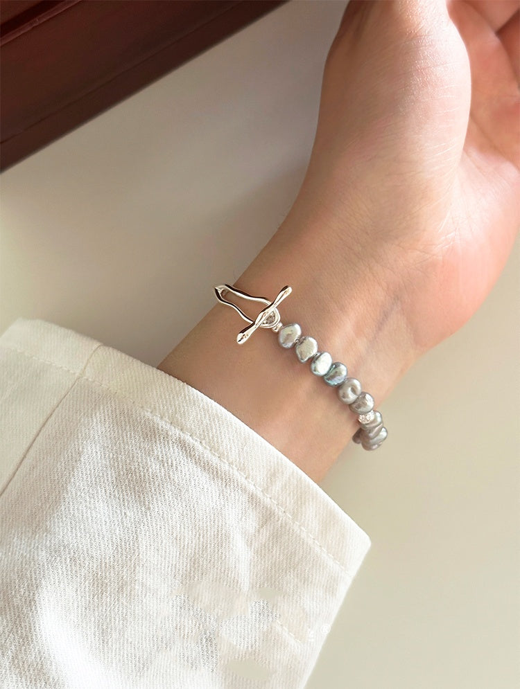 925 Sterling Silver Baroque Freshwater Grey Pearl Bangle, Women's Exquisite Wrist Adornment, 6cm Diameter