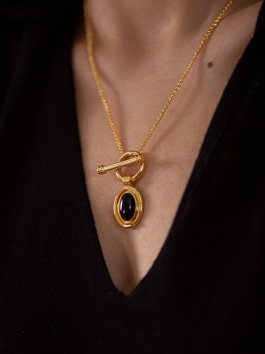 Natural Black Agate Collar Necklace, Classic Choker with Toggle Clasp