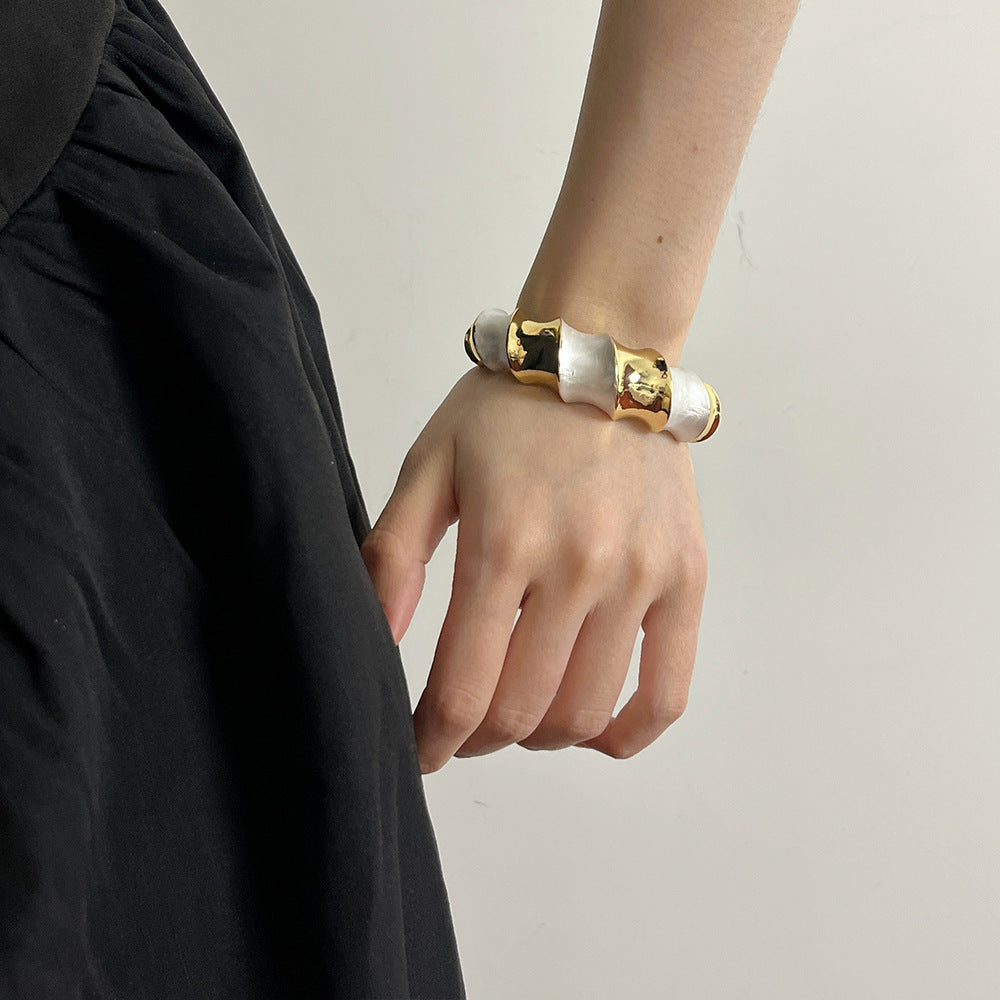 Gold and White Enamel Floral Open Bangle Bracelet