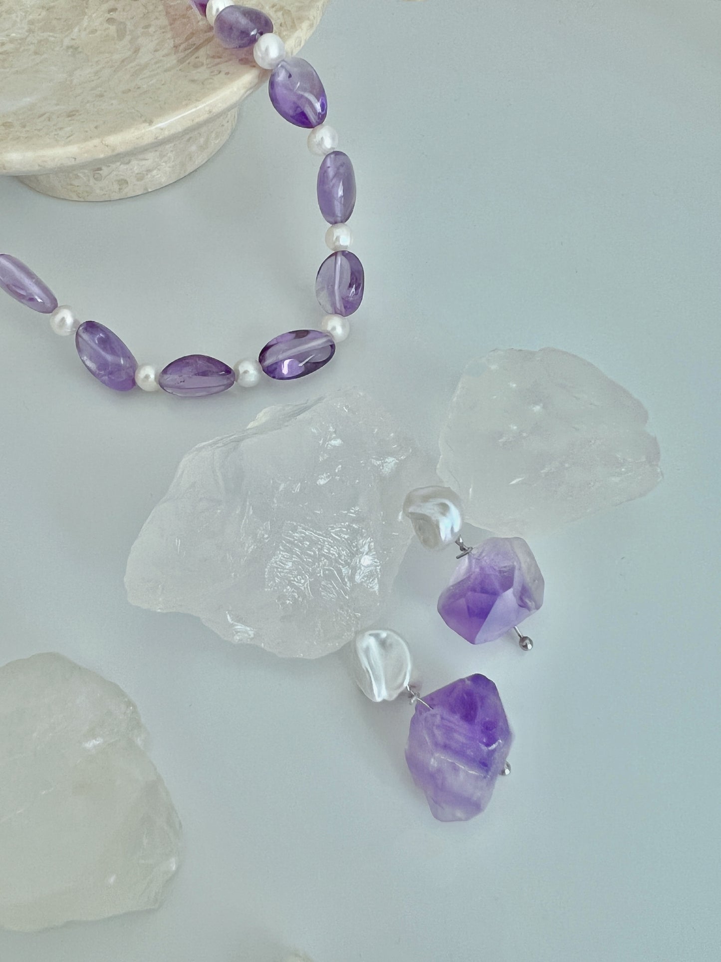 Fresh Aesthetic Purple Crystal & Freshwater Baroque Pearl Earrings & Pendant Necklace, Original Design