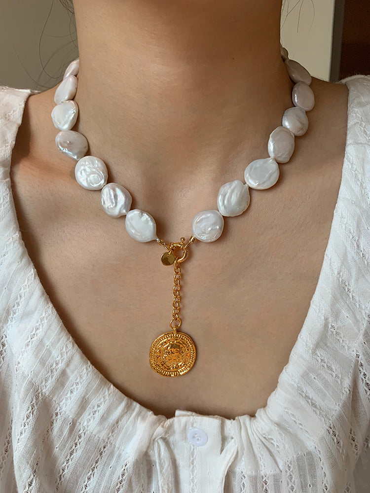 Convertible Pendant Necklace, 24K Gold-Plated Brass, Natural Baroque Button Pearl, Adjustable Length