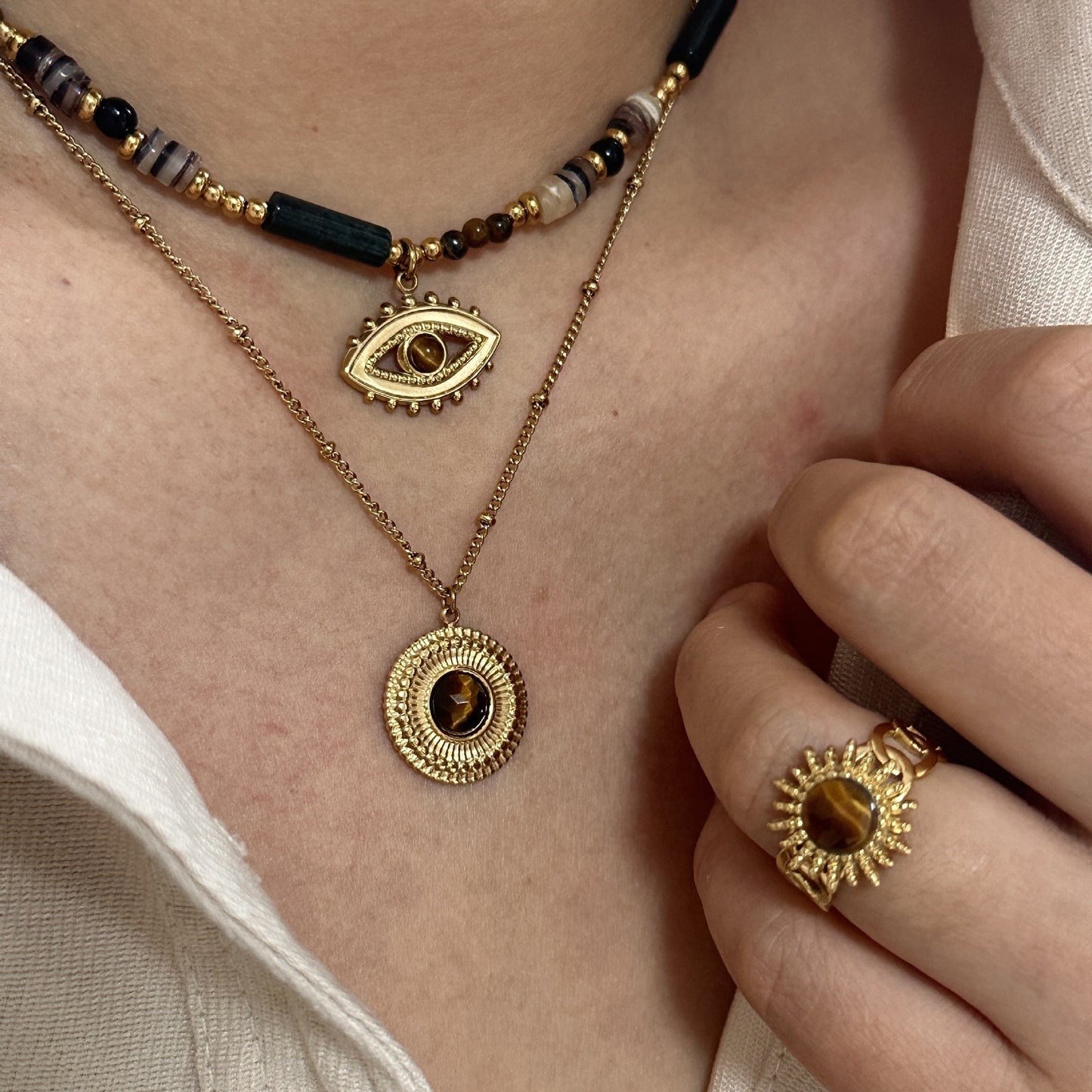 Tiger's Eye Pendant Stainless Steel Necklace, Vacuum Plated 14K Gold, Adjustable 16-19.7 Inch Length