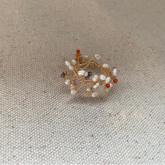 Freshwater Pearl Beaded Ring, Colorful Threaded Design, Girl's Accessory, Adjustable 50-62mm