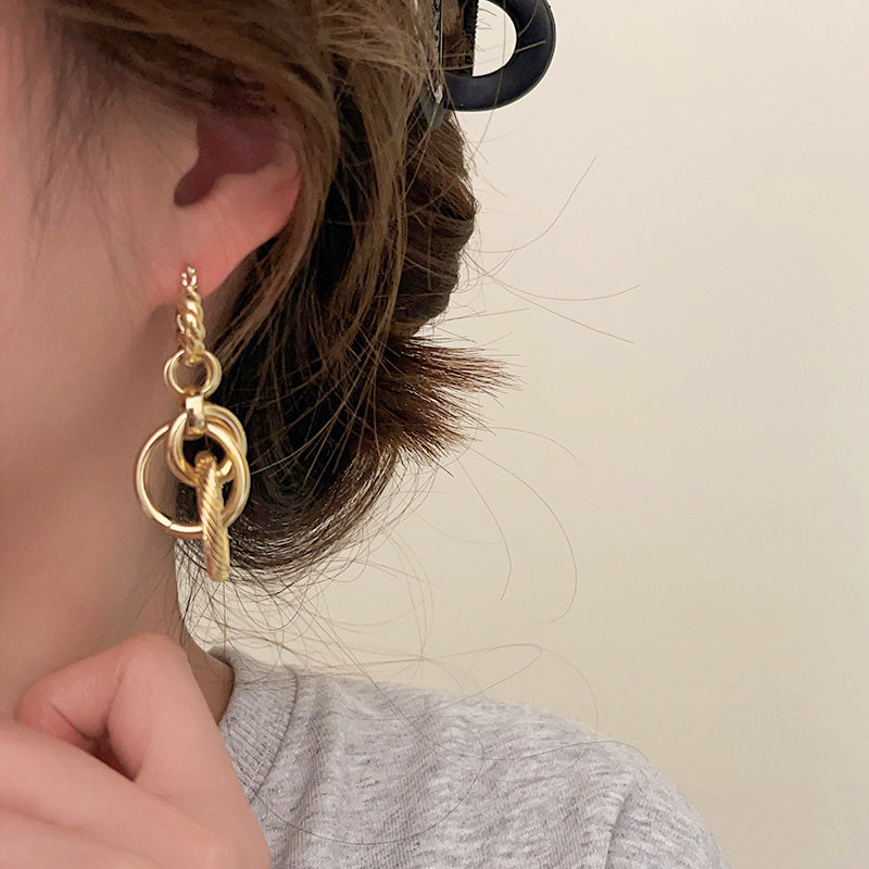 French Style Metal Thread Earrings, Minimalist Circle Pendant, Hypoallergenic Gold-Plated