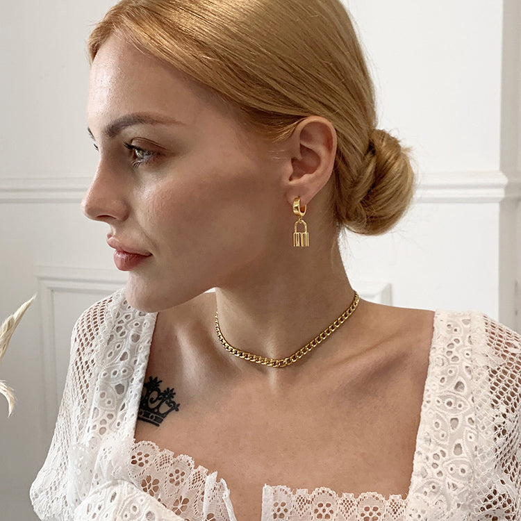 Fashionable Lock Metal Earrings, Eco-Friendly Brass with Genuine Gold Plating, Minimalist Style