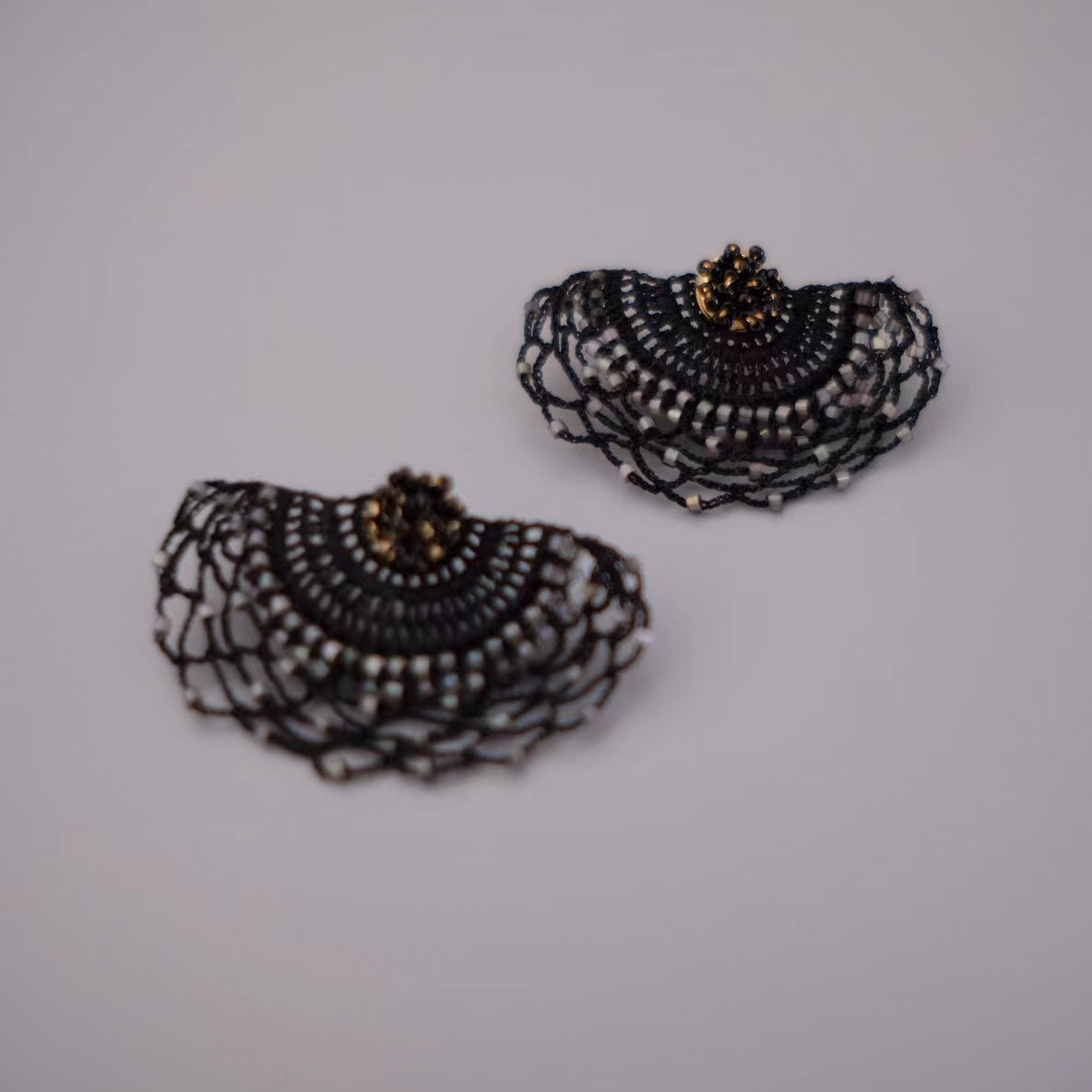 Original Design Hand-Crochet Earrings, Black Lace Ear Studs and Clips