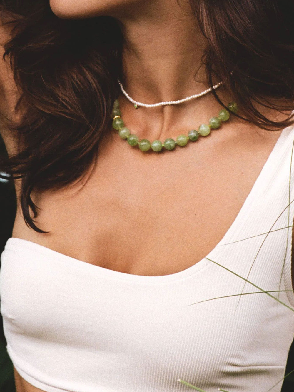Natural Green Agate Bead Necklace, 18K Gold-Plated Copper, Adjustable 43+8cm Length