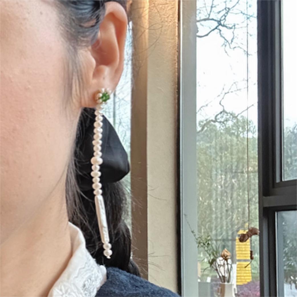 Long Chinese-Style Earrings, Pearl and Apatite Clips