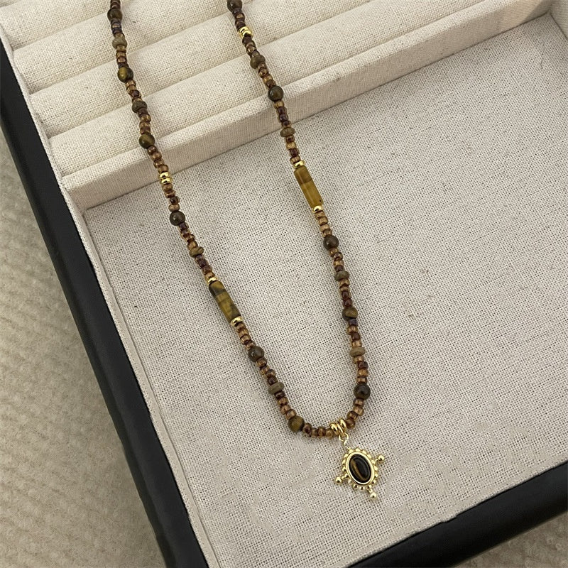 Vintage Gold Ellipse Pendant Bead Necklace, Women's Stylish & Versatile, Unique Design