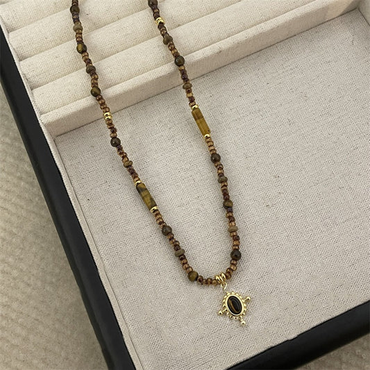 Vintage Gold Ellipse Pendant Bead Necklace, Women's Stylish & Versatile, Unique Design