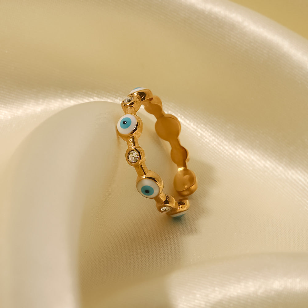 18K Gold-Plated Stainless Steel Evil Eye Ring, Fashionable Adjustable Titanium Steel Band