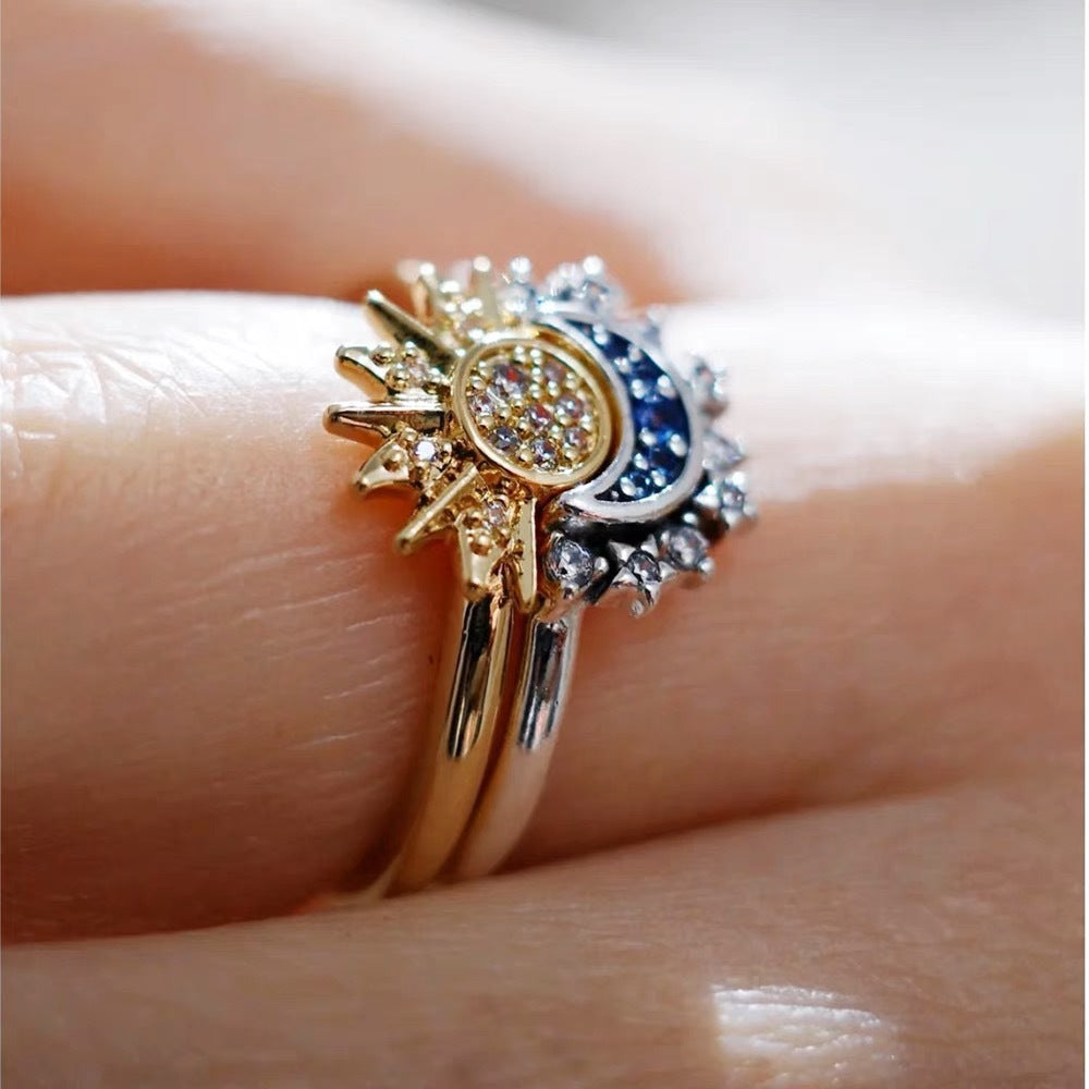 Sun & Moon Harmony Ring Set, Stackable Solar and Lunar Bands, Adjustable Starry Sky Rings