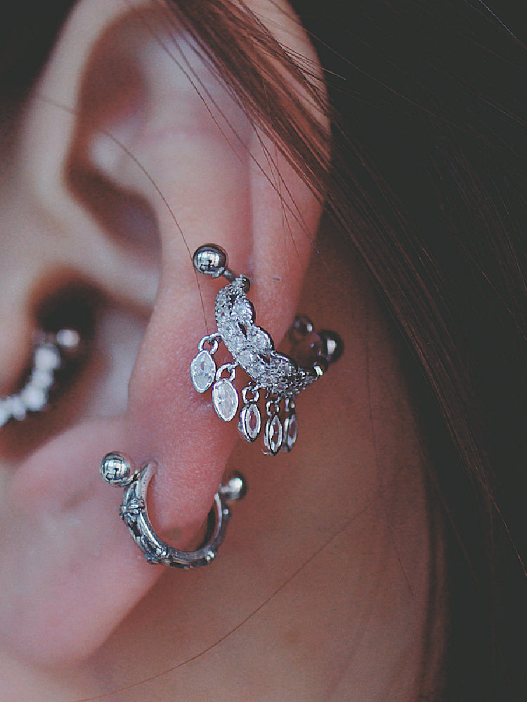 Dark Gothic Ear Cuff, Gold-Plated Silver, Crystal-Studded 925 Silver U-Shape Punk Earrings