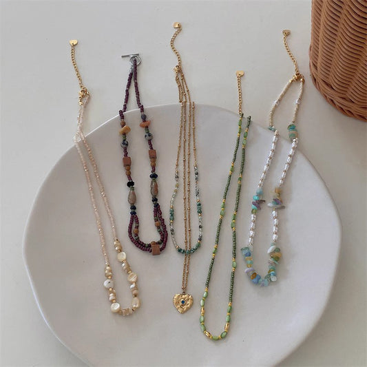 Bohemian Gold-Plated Green Heart Necklace, Shell and Wood Beads, Natural Stone Collar