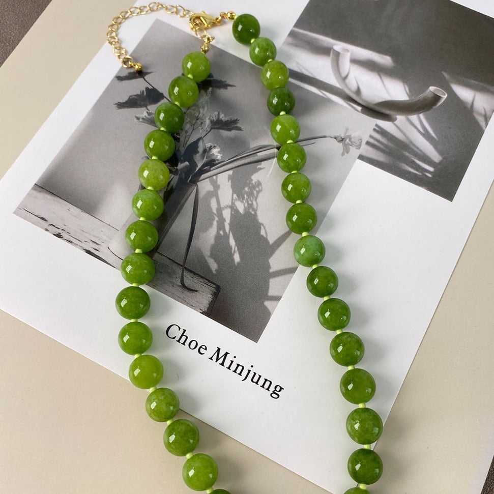 Natural Green Agate Bead Necklace, 18K Gold-Plated Copper, Adjustable 43+8cm Length